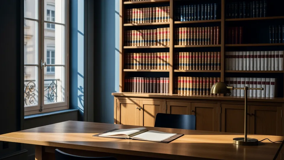 Cabinet d'avocat Sébastien Aubert à Lyon Presqu'île — vue intérieure sobre, étagères de codes et lumière naturelle latérale.